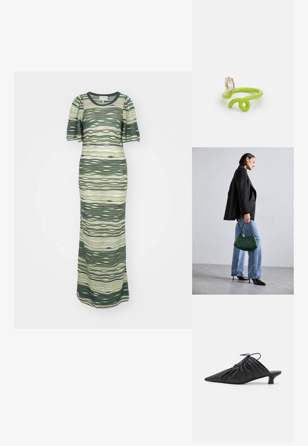 Maxikjole med grønne og beige bølge mønstre, korte puffærmer og rund udskæring. Lavet af et blødt, struktureret stof.; Sorte læder slip-on mules med spids tå, samlet tekstur og en lille kitten heel. Har en snor-detalje ved åbningen.; DRAGON DIFFUSION ROSANNA - Håndtasker - forest; Grøn plastikring med et snoet design, der har en pæreformet klar ædelsten indsat i guldfarvet hardware.