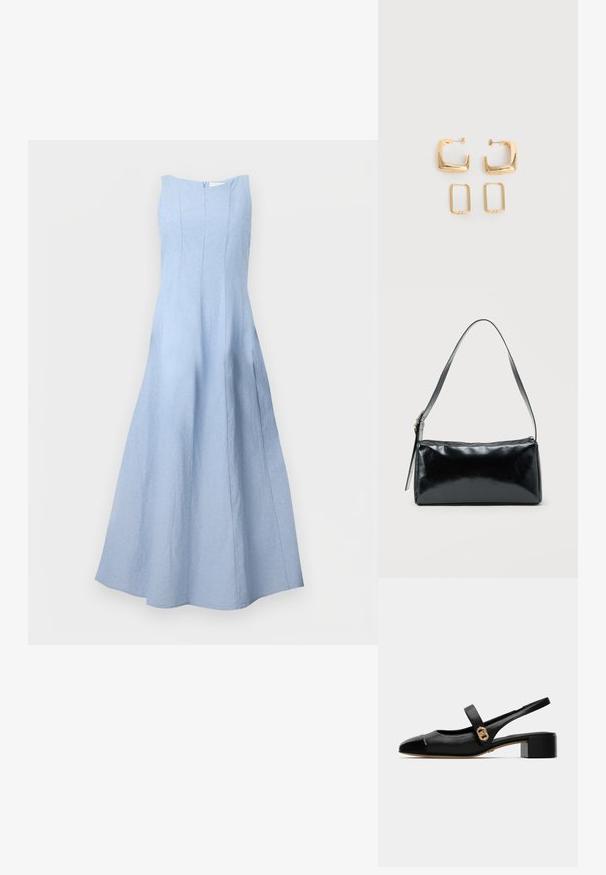 Mouwloze lichtblauwe jurk tot aan de enkels met een aansluitend lijfje en een uitlopende rok, weergegeven op een effen witte achtergrond.; Zwarte leren slingback schoen met een ronde neus, met een glanzende voorkant en een gouden accent op de band, bevestigd met een kleine blokhak.; Zwarte rechthoekige schoudertas met een enkele verstelbare band en een bovenste ritssluiting op een effen achtergrond.; Twee paar gouden geometrische creolen op een effen witte ondergrond, een paar vierkant en massief, een paar rechthoekig en hol.