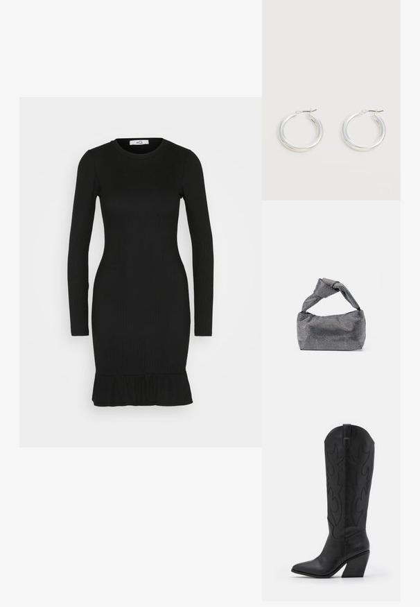 WAL G. JOSEFINA LONG SLEEVE MINI - Denné šaty - black; Čierne kožené kovbojské topánky s špicatou špičkou, zúženým stohovaným podpätkom a dekoratívnym prešívaním pozdĺž strán.; Čierna a strieborná kabelka s textúrovaným povrchom so vzorom diamantov, s uzlovou rukoväťou a štruktúrovaným tvarom.; Pár stredne veľkých lesklých strieborných kruhových náušníc s tenkými kovovými zapínaniami na svetlom neutrálnom pozadí.
