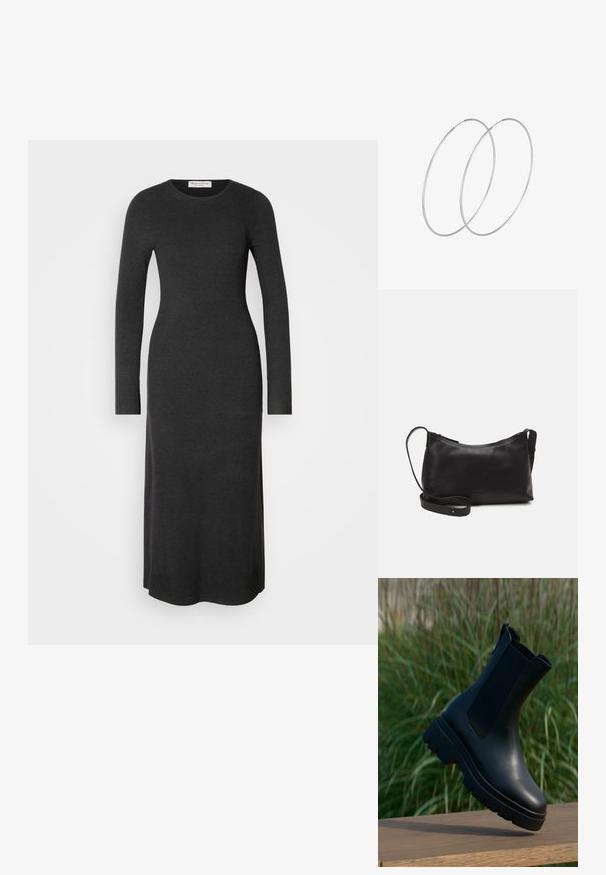 Langärmliges, dunkelgraues Strickkleid mit taillierter Silhouette, rundem Ausschnitt und Seitenschlitzen für Bewegungsfreiheit. Angenehme, glatte Textur.; Schwarze Leder-Stiefeletten mit schlankem Design, abgerundeter Spitze, elastischen Seitenpaneelen und klobigen, strukturierten Gummisohlen.; Schwarze Ledertasche für die Schulter mit glatter Textur, geschwungener Form, verstellbarem Tragegurt und Reißverschluss. Minimalistisches Design ohne Verzierungen.; Silberne Creolen mit minimalistischem Design. Rundform, glatte Oberfläche und dünnes Profil. Leichtgewichtig mit hochglänzender Oberfläche.