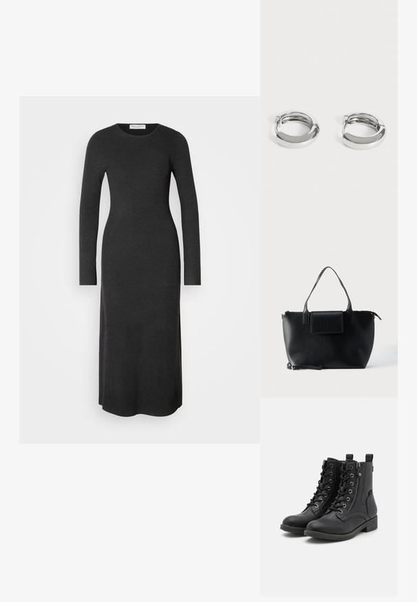 Robe en tricot à manches longues, gris foncé, avec une silhouette ajustée, un col rond et des fentes latérales pour faciliter le mouvement. Texture lisse sur l'ensemble.; Bottes noires à la cheville en matériau semblable au cuir, avec des lacets, une fermeture éclair sur le côté et des détails texturés sur l'empeigne et la semelle. Talon bas.; Sac cabas en cuir noir avec deux poignées, une bandoulière amovible, une fermeture à rabat magnétique et une texture lisse. Fermeture supérieure zippée et surpiqûres décoratives.; Paire de petites boucles d’oreilles créoles argentées brillantes avec surfaces lisses et arrondies sur fond blanc uni.