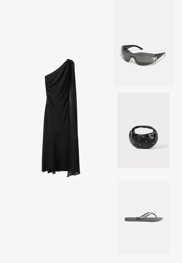 Sort, en-shoulder kjole med draperet stof, plisseringer på bodice og en svajende skørt. Glat materiale og ankel-længde design.; Flad grå klip-klap sandal med tekstureret sål og tynde Y-formede stropper, vist fra siden mod en ensfarvet lys baggrund.; Sorte solbriller med wrap-around design, mørktonede linser, skinnende stjerneformede detaljer og justerbare næsepuder.; Sort læderhåndtaske med en rundet form, dekoreret med sølvnitter, og et kort håndtag. Glat tekstur og lynlåslukning.