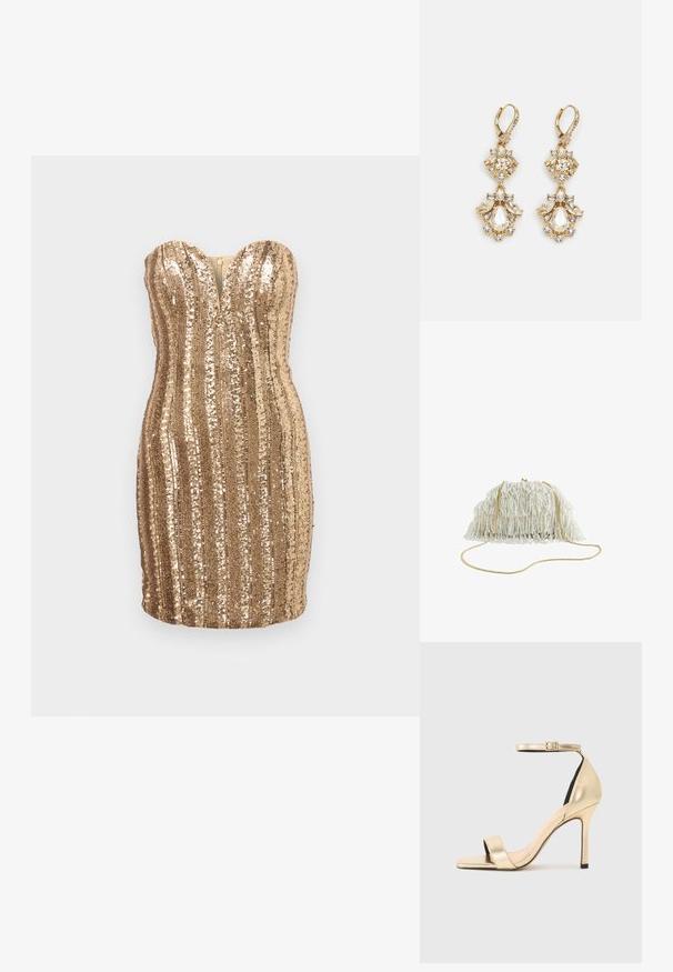 Vestido dorado sin tirantes con silueta ajustada, cubierto de lentejuelas verticales, con escote pronunciado en V y cierre de cremallera en la parte trasera.; Sandal de tacón alto metálico dorado con una delgada tira en el tobillo, punta descubierta y un diseño elegante. Presenta una textura suave y detalles minimalistas.; Bolso de mano con cuentas y detalles de flecos, color marfil, correa de cadena dorada y silueta redondeada. Superficie texturizada con cuentas intrincadas.; Pendientes colgantes en tono dorado con un diseño de racimo que incluye cristales claros en forma redonda y de lágrima, mostrando un detallado intrincado.