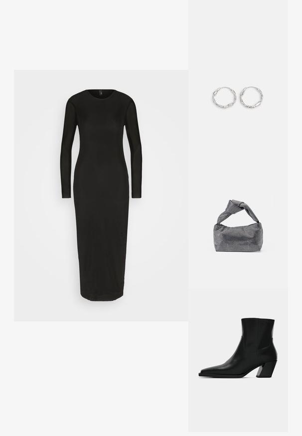 ONLY ONLTINA DRESS - Šaty do práce - black; Čierna kožená členková topánka s špicatou špičkou, elegantným siluetou a masívnym štvorecovým podpätkom. Hladký povrch s minimálnymi švovými detailmi.; Čierna a strieborná kabelka s textúrovaným povrchom so vzorom diamantov, s uzlovou rukoväťou a štruktúrovaným tvarom.; Strieborné kruhové náušnice s vlnitou, nepravidelnou textúrou. Majú tenký, kruhový tvar a reflektujúci povrch.