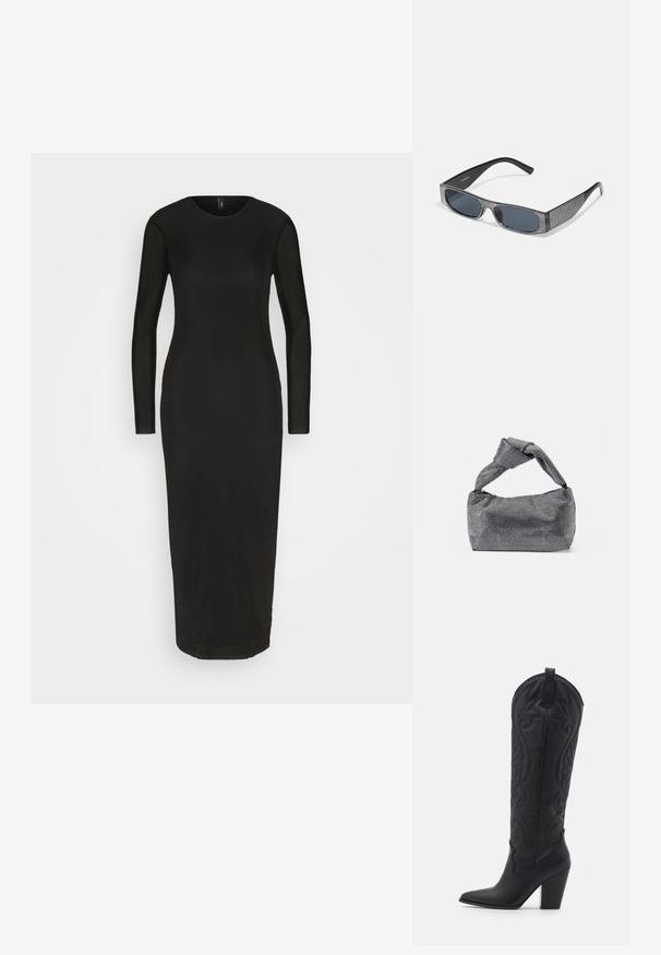 ONLY ONLTINA DRESS - Etuikjole - black; Zign LEATHER - Cowboy- / bikerstøvler - black; Sorte solbriller med grå linser, der har et gittermønster af små metalliske rhinsten langs stellet. Glat overflade, kantede design.; Sorte og sølv håndtaske med en tekstureret overflade, der har et diamantmønster, en knyttet håndtag og en struktureret form.