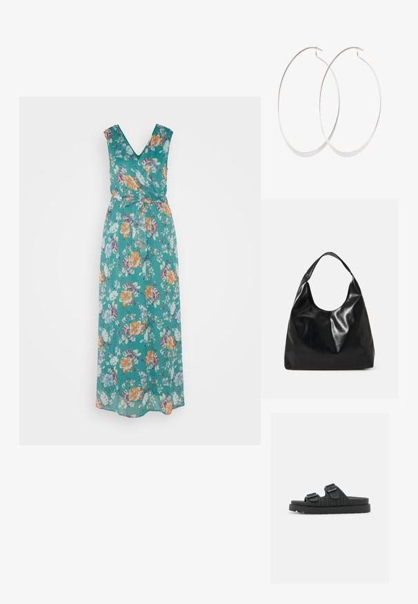 ONLY ONLASTA SOFIA LONG DRESS - Maksimekko - deep jungle tea; Mustat liukuhihnat, joissa on kaksi säädettävää solkea, karhennettu hihna ja paksu pohja. "BUFFALO" on kohokuvioitu sivulle.; Mustalainen nahkatyylinen hobo-laukku, jossa on pehmeä, kiiltävä pinta ja pyöreä, avoin yläosa. Varustettu leveällä, kaarevalla hihnalla kantamista varten. Ei näkyvää metalliosaa.; Hopeanväriset rengaskorvakorut, joissa on ohut ja sileä muotoilu; pitkänomainen soikea muoto; kiillotettu pinta; varustettu tukevalla koukkukiinnityksellä.