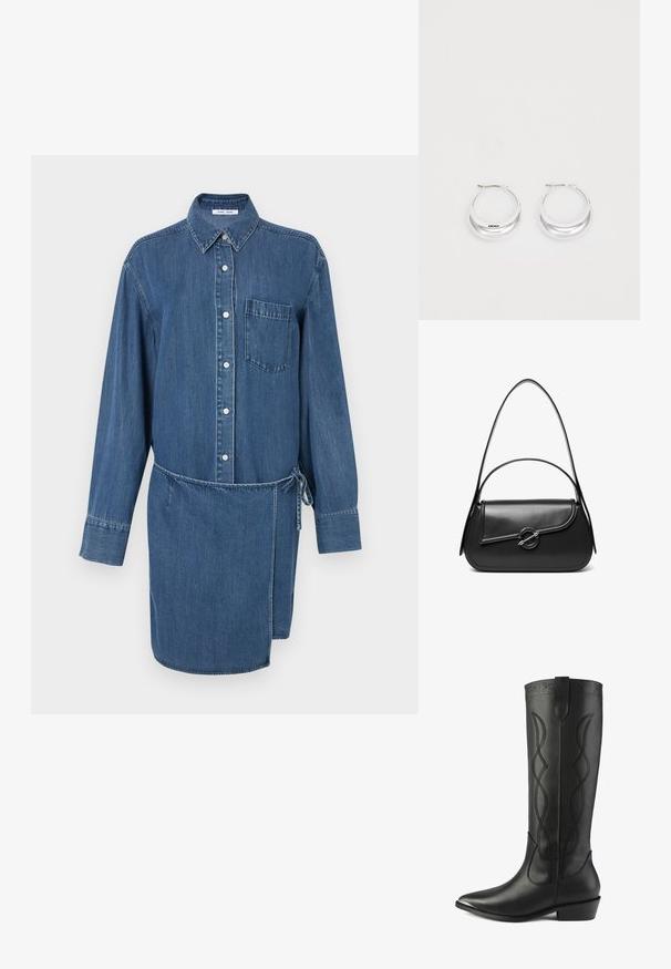 Robe-chemise en denim bleu foncé, avec une fermeture boutonnée sur le devant, des manches longues, une poche poitrine unique, et un détail de taille nouée.; Des bottes noires en cuir hautes présentent un bout pointu, un talon carré et des coutures décoratives avec des lignes entrelacées le long de la tige.; Sac à bandoulière en cuir noir avec un rabat incurvé fermé par un fermoir métallique rond et une sangle fine et ajustable.; Boucles d'oreilles en argent avec une finition polie et un branding DKNY, présentées sur un fond blanc uni.