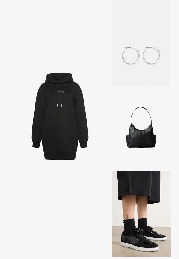 Vestido hoodie largo negro con mangas largas, bolsillo frontal, cordones ajustables en la capucha y pequeño logo blanco de Calvin Klein centrado en el pecho.; Zapatillas negras con materiales de ante y charol, con una suela blanca, diseño de cordones y un acento de lengua de marca.; Bolso de hombro de piel negra con una única correa, bolsillos laterales y un sutil logo de Calvin Klein en relieve en la parte frontal inferior derecha.; Los pendientes de aro de plata presentan un diseño suave y redondeado con un perfil delgado y un cierre seguro. Estilo minimalista con un acabado pulido.
