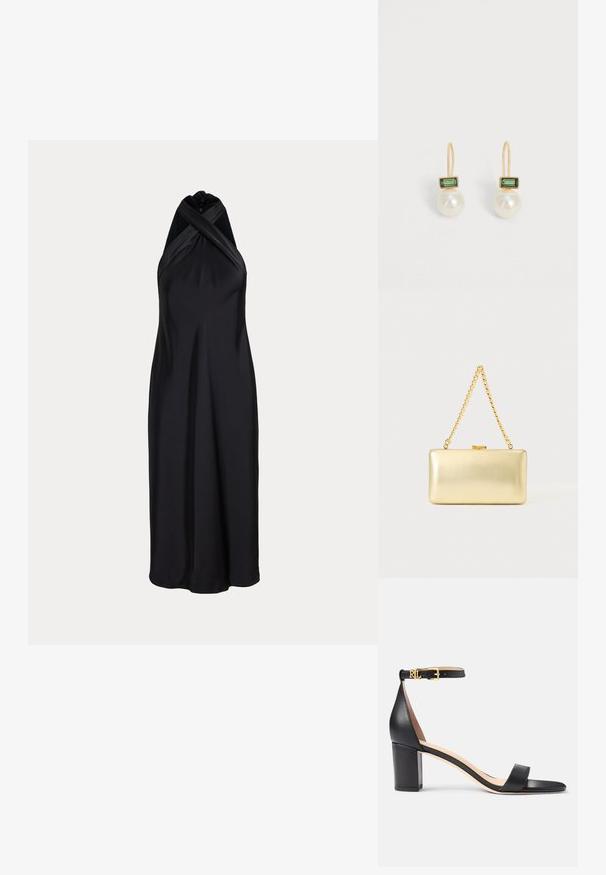 Vestido negro de satén con cuello halter, tirantes cruzados y una silueta larga y fluida sobre un fondo claro y liso.; Lauren Ralph Lauren LOGAN BURNISHED LEATHER SANDAL - Sandalias - black; Bolso de mano dorado rectangular con acabado brillante, cierre metálico y asa corta de cadena dorada sobre un fondo claro y liso.; Pendientes de gancho dorados con una piedra preciosa verde rectangular sobre una perla blanca redonda grande sobre un fondo blanco.
