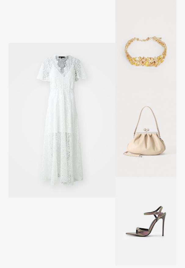Vestido de encaje blanco con mangas cortas, escote en forma de V y un diseño fluido. Presenta intrincados patrones florales y un acabado semi-transparente.; Sandal de tacón alto con un estampado de serpiente texturizado y multicolor. Presenta correas de tobillo ajustables y un diseño de punta afilada.; Bolso de mano de cuero suave beige con cierre de marco metálico plateado, una correa para el hombro y una correa de cadena opcional sobre un fondo blanco.; Collar choker en tono dorado que presenta grupos de piedras preciosas amarillas y ámbar en varias formas y tamaños, con un cierre de langosta.