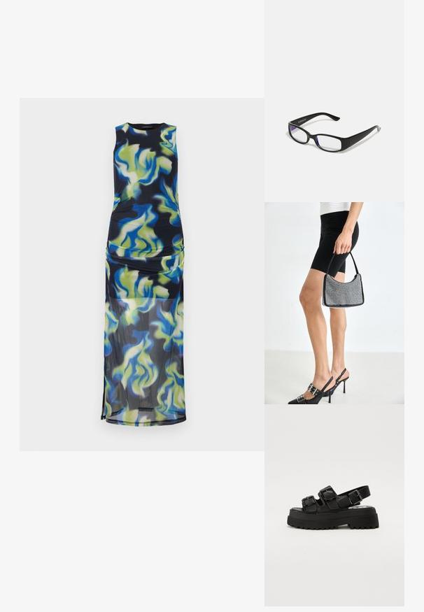Vestido largo sin mangas con corpiño ajustado y falda transparente, con un patrón abstracto de remolinos en azul, verde y amarillo sobre fondo negro.; Sandalias de plataforma negras con tres correas ajustables de hebilla, una suela texturizada y una parte superior suave. Diseñadas con una silueta robusta y gruesa.; Gafas rectangulares negras con lentes transparentes. Acabado brillante, varillas estrechas y tinte púrpura visible en los bordes de los lentes.; Bolso de cuentas negras con una silueta curva, asa de transporte y textura brillante. Llevado con zapatos de tacón altos negros y pantalones cortos negros ajustados.