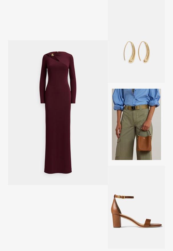Bordeauxrode jurk met lange mouwen, aansluitend model, kniehoogte, met een diagonale snit en een lichte twistdetail bij de halslijn met gouden accenten.; Lauren Ralph Lauren LOGAN BURNISHED LEATHER SANDAL - Sandalen - deep saddle tan; Persoon met een blauw hemd en olijfgroene broek die een kleine bruine leren handtas vasthoudt met een gouden logo en een zwart handvat.; Gouden metalen oorbellen in de vorm van een gebogen, verlengde hoop. Kenmerkend zijn het gladde, glanzende oppervlak en de afgeronde punt voor extra detail.