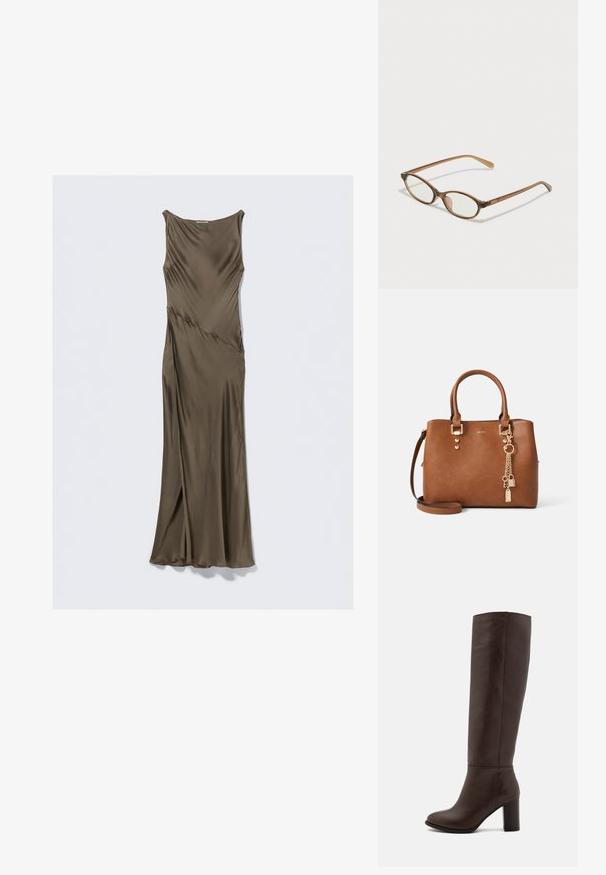 Olivgrünes Satin-Kleid mit tailliertem Oberteil, asymmetrischer Drapierung und bodenlangem Saum. Verfügt über einen Rundhalsausschnitt und eine glatte Textur.; Braune Lederstiefel bis zum Knie mit Blockabsatz, glatter Textur, runder Spitze und minimalen Nahtdetails.; Braune Schildpatt-Brille mit ovalen Gläsern, dünnen Bügeln und transparenten Akzenten. Verfügt über ein dezentes Logo am Bügel. Elegantes, leichtes Design.; Braune Kunstleder-Handtasche mit zwei oberen Griffen, abnehmbarem Schultergurt, goldenen Beschlägen und dekorativen Ketten mit Anhängern.