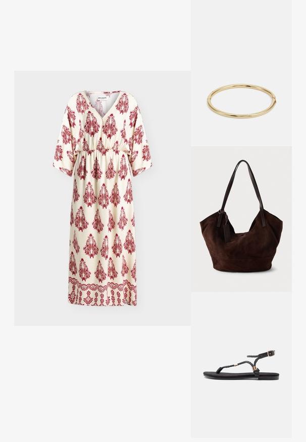 Vestido midi crema con estampados de cachemira rojos, escote en V, cintura fruncida y mangas sueltas hasta el codo.; Sandalias planas negras con tiras trenzadas y un acento metálico. Presentan una hebilla ajustable y una suela de goma plana para mayor comodidad.; Bolso de ante marrón con una forma suave y caída. Presenta asas de cuero y un acento de etiqueta. Textura lisa con costuras curvas.; Brazalete de oro con una superficie lisa y brillante, que presenta una forma redonda y un sutil detalle de cierre.