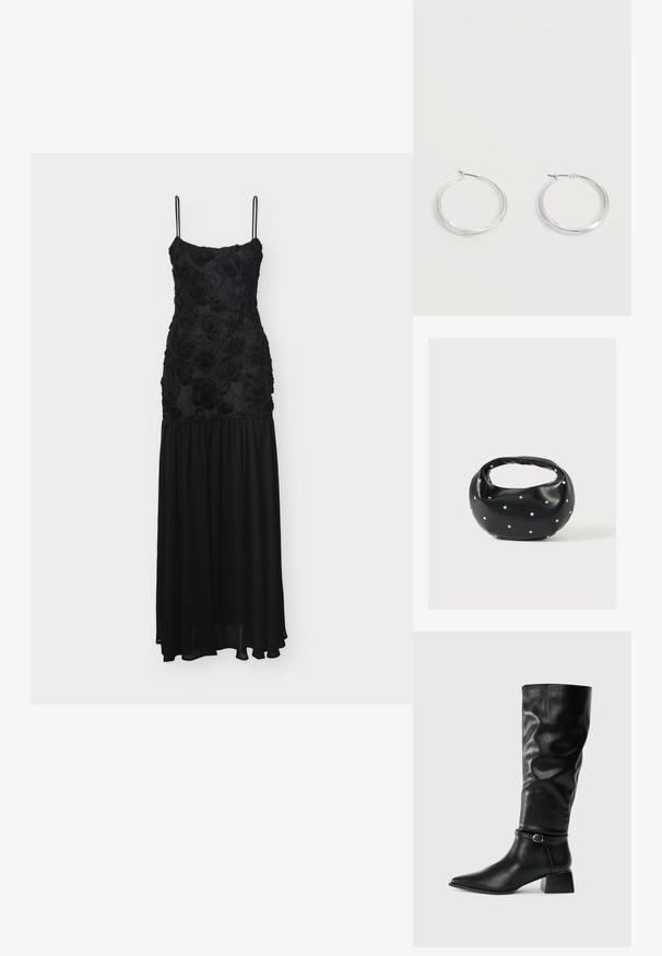 Robe noire longue jusqu'au sol avec fines bretelles, corsage texturé à motifs floraux et jupe fluide en chiffon.; Bottine en cuir noire mi-mollet avec un petit talon carré, bout pointu et une sangle décorative à la cheville avec une boucle en argent sur fond uni.; Sac à main en cuir noir de forme arrondie, décoré de clous argentés et équipé d'une poignée courte. Texture lisse et fermeture éclair.; Boucles d’oreilles créoles en métal argenté avec une surface lisse légèrement incurvée et des fermoirs à clapet sur un fond blanc uni.