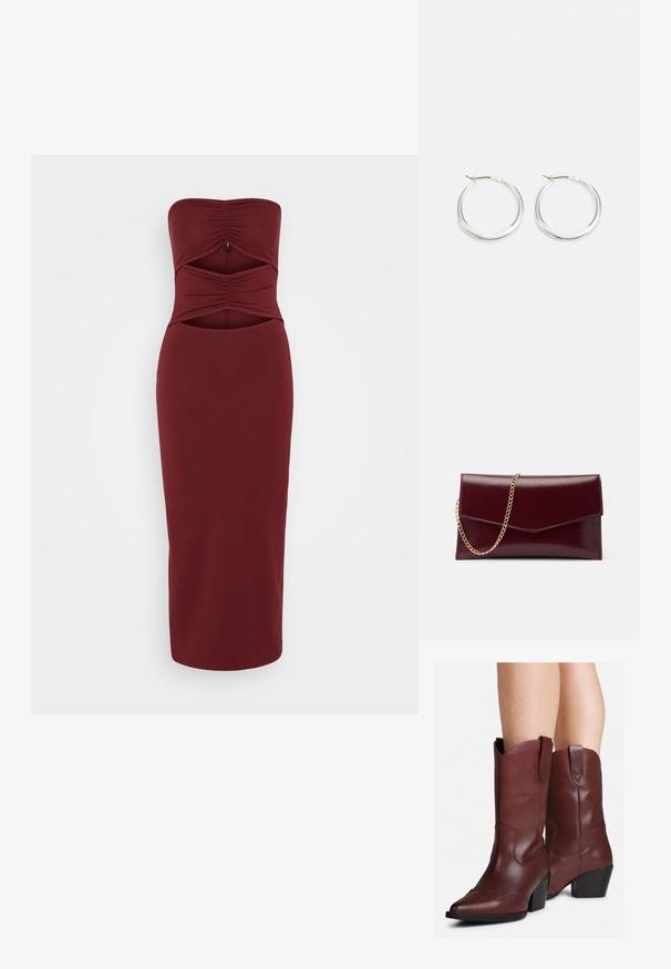 ONLY ONLLIVE LOVE CUT OUT DRESS - Cocktailkleid/festliches Kleid - cabernet; Beine, die mittelhohe, dunkelbraune Lederstiefel im Western-Stil mit spitzen Zehen und Blockabsätzen tragen, vor einem weißen Hintergrund.; Burgunderfarbenes Leder-Clutch mit einem eleganten, flachen Design. Ausgestattet mit einem goldenen Kettenriemen und einem angularen Klappenverschluss. Glatte Textur mit subtiler Glanz.; Silberne Creolen zeichnen sich durch ein glattes, rundes Design mit einem schlanken Profil und einem sicheren Verschluss aus. Minimalistischer Stil mit glänzender Oberfläche.