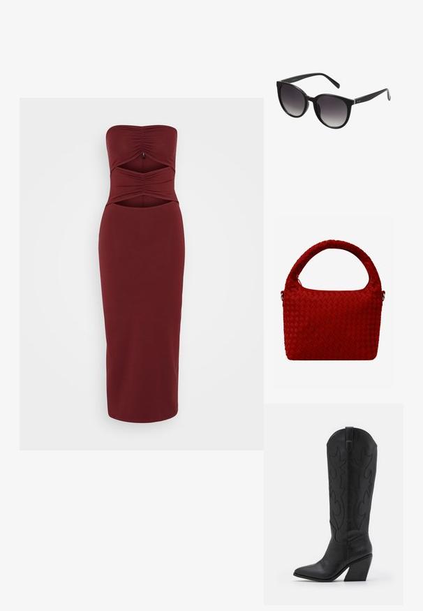 ONLY ONLLIVE LOVE CUT OUT DRESS - Kokteilikleit/peokleit - cabernet; Mustad nahast cowboy-bott, millel on terav nina, kitsenev kiilukujuline konts ja dekoratiivne tikand külgedel.; Mustad mustikatega päikeseprillid, millel on plastist raam, sile tekstuur ja hõbedased kaunistused käte peal.; Punane kootud käekott ümmarguse käepidemega, sileda tekstuuri ja ristkülikukujulise vormiga. Suletud disain, nähtavate riistvara või aksessuaarteta.