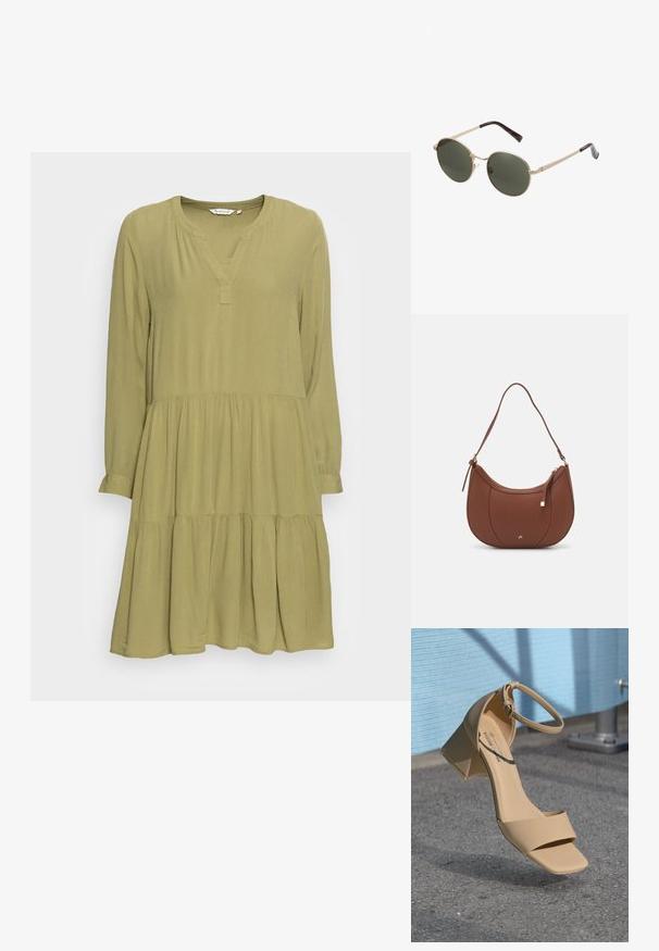 Robe à manches longues, en tissu léger olive, à volants. Elle présente un décolleté en V et un détail froncé à la taille.; Sandale à talon carré beige avec un bout carré, des brides minimalistes et une boucle à la cheville. Matériau lisse et mat sur une surface grise.; Lunettes de soleil rondes avec des montures en métal doré et des verres vert foncé. Les branches présentent un design écaille de tortue pour un détail supplémentaire.; Sac à épaule en faux cuir brun, de forme arrondie, avec des coutures minimales et un accent en matériel doré. Il possède une fermeture zippée sur le dessus et une sangle réglable.