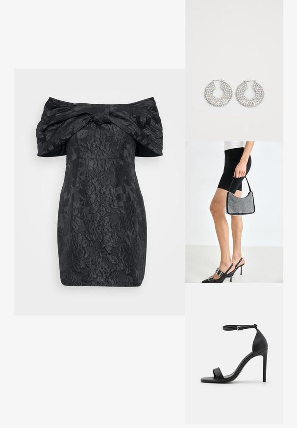Zwarte off-shoulder jurk met grote strikdetail, textuur met bloemenpatroon, getailleerde pasvorm en korte lengte.; Zwarte sandalen met hoge hakken, met een slank ontwerp, voorzien van een enkelbandje, open teen en een gladde leren textuur.; Zwarte beaded handtas met een gebogen silhouet, draaghandvat en glanzende textuur. Draagt bij hoge zwarte hakken en strakke zwarte shorts.; Zilveren hoepeloorbellen versierd met meerdere heldere kristalaccenten, met een gestructureerd oppervlak en een open cirkelvormig ontwerp.