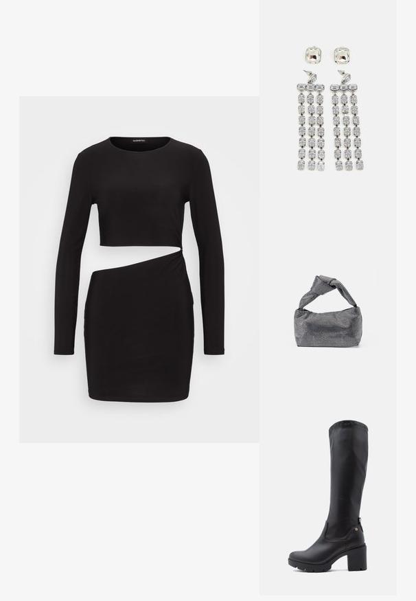 Robe noire à manches longues avec un haut court et un détail torsadé sur le côté, fabriquée en tissu lisse et extensible. Silhouette ajustée.; Bottes noires montantes en cuir lisse avec un bout carré, un talon épais et une semelle en caoutchouc texturé. Présente un détail de logo discret.; Sac à main noir et argent avec une surface texturée affichant un motif en diamant, une anse nouée et une forme structurée.; Boucles d'oreilles en cristal avec des accessoires en ton argent, comportant un clou carré et des rangées en cascade de cristaux rectangulaires et octogonaux.