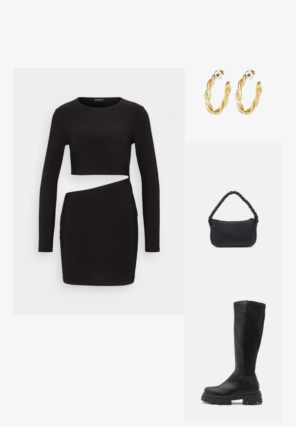 Robe noire à manches longues avec un haut court et un détail torsadé sur le côté, fabriquée en tissu lisse et extensible. Silhouette ajustée.; RAID WILMA - Bottes à plateau - black; Sac à main noir de forme arrondie, en matériau lisse. Équipé d'une poignée tressée et d'une fermeture éclair pour un rangement sécurisé.; Paire de boucles d'oreilles créoles torsadées dorées avec fermoirs poussoirs argentés et dorés sur fond blanc.