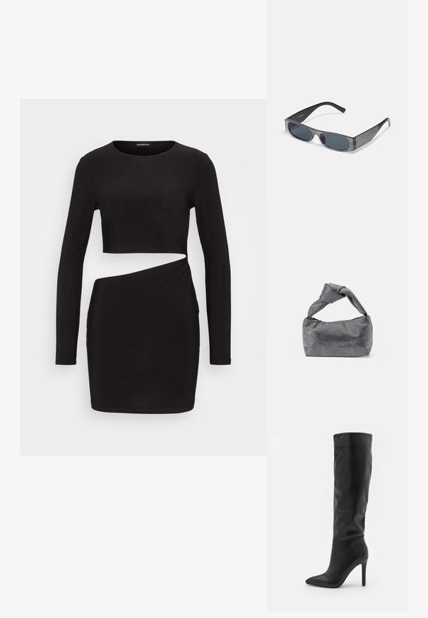 Robe noire à manches longues avec un haut court et un détail torsadé sur le côté, fabriquée en tissu lisse et extensible. Silhouette ajustée.; RAID TALISHA - Bottes - black; Lunettes de soleil noires avec des verres gris, ornées d'un motif en grille de petits rhinestones métalliques le long des montures. Fini lisse, design angulaire.; Sac à main noir et argent avec une surface texturée affichant un motif en diamant, une anse nouée et une forme structurée.