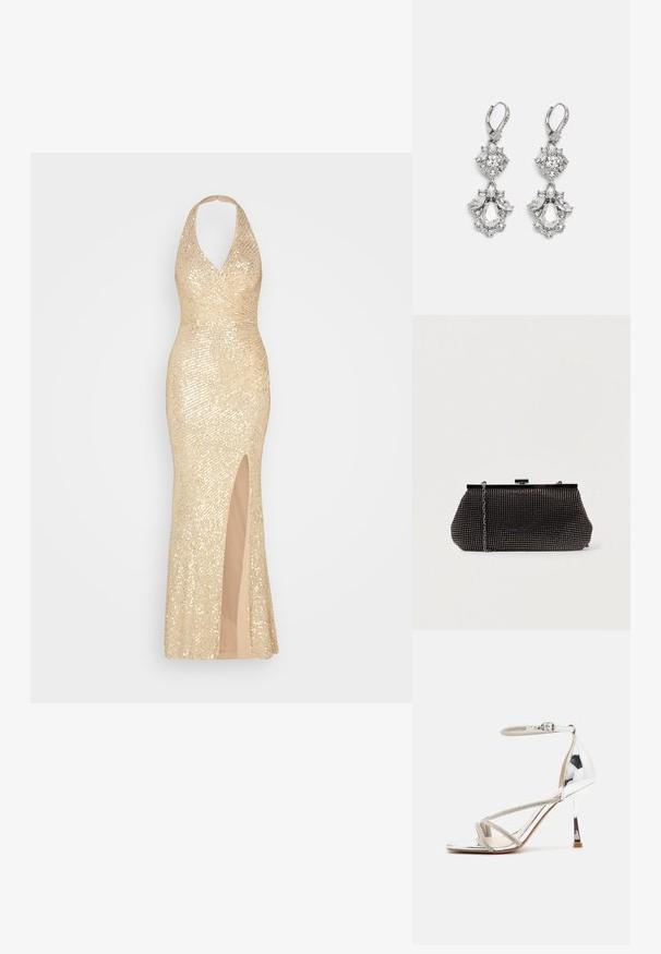Vestido dorado con lentejuelas, de cuello halter, silueta ajustada y una abertura alta en el muslo. Forro interior suave que complementa la brillante capa exterior.; Sandalia de tacón alto plateada con un diseño de tiras, material brillante, acentos de strass y una correa delgada en el tobillo. Punta cuadrada y tacón pulido.; Bolso de mano negro de malla con una silueta estructurada, adornado con pequeños tachuelas metálicas, que cuenta con un cierre de broche y una correa de cadena desmontable.; Pendientes de tono plateado que presentan múltiples piedras de cristal transparente en formas de lágrima y marquesa, con cierres de palanca y un detallado intrincado.
