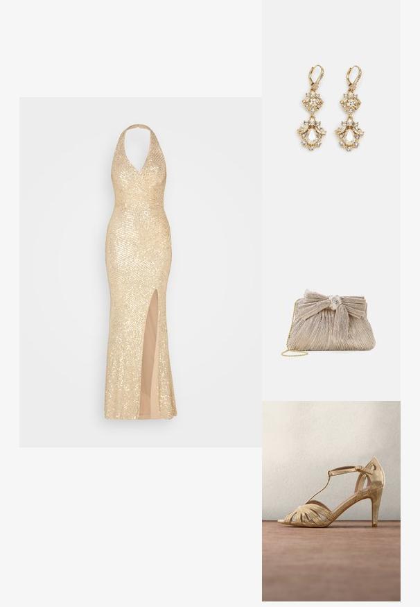 Robe en sequins dorés avec un col halter, une silhouette ajustée et une fente haute sur la cuisse. La doublure intérieure lisse complète la couche extérieure brillante.; Sandale à talons hauts dorée avec des lanières, design en T, bandes frontales tressées étroites et un talon fin. Fini métallique lisse et boucle à la cheville.; Pochette en or métallisé avec tissu plissé, dotée d'un nœud en haut et d'une bandoulière en chaîne dorée pour une polyvalence et une facilité de transport.; Boucles d'oreilles pendantes dorées présentant un design en grappe avec des cristaux clairs ronds et en forme de goutte, mettant en valeur des détails élaborés.