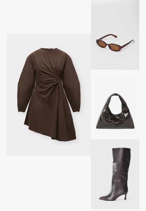 Robe marron à manches longues avec un détail froncé torsadé à la taille et un ourlet asymétrique, présentée sur un fond uni.; Bottes montantes en simili cuir marron avec un motif crocodile, bout pointu et un petit talon empilé. Texture lisse, design élégant.; Lunettes de soleil rondes teinte brun avec une monture bordeaux brillante. Branches fines avec un détail de marque subtil. Design de verres plats.; Sac à main en cuir verni noir brillant avec une forme triangulaire et une large anse froncée s'ouvrant au centre en haut.