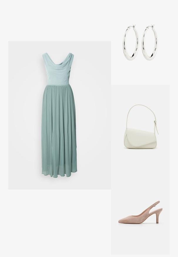 Ein langes, plissiertes Kleid in gedämpftem Türkis mit einem drapierten Ausschnitt und tailliertem Oberteil, gefertigt aus leichtem Stoff mit sanfter Textur.; Slingback-Pumps aus weichem beigem Wildleder, mit spitzer Zehenform, schlankem Absatz und verstellbarem Knöchelriemen mit einer runden Schnalle.; Weiße Kunstleder-Handtasche mit einer strukturierten dreieckigen Form, einem verstellbaren Einzelgurt und einem Klappenverschluss mit geschwungenen Akzenten.; Silberne Creolen mit einer glatten, glänzenden Oberfläche. Kreisform, ausgestattet mit einem sicheren Verschluss. Einfaches und elegantes Design.