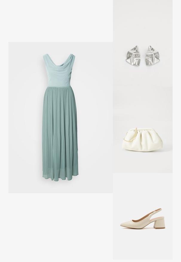 Een lange, geplooide jurk in gedempte teal met een gedrapeerde halslijn en aansluitend lijfje, gemaakt van lichtgewicht stof met een zachte textuur.; Puntige slingback pump in lichtbeige leer met een lage blokhak. Heeft een uitsnijdingsontwerp en een zachte textuur.; Witte leren handtas met een geassembleerd ontwerp, voorzien van een gouden kettingband en een ronde vorm. Gladde textuur met zachte plooien en geen patronen.; Zilveren metalen oorbellen met een golvend, sculpturaal ontwerp, voorzien van een gepolijste afwerking en onregelmatige vormen, die een hedendaagse esthetiek benadrukken.