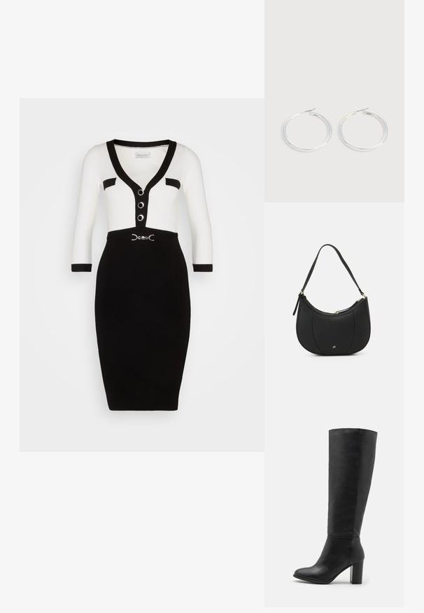 Schwarzes und weißes eng anliegendes Kleid mit V-Ausschnitt, drei Knöpfen und einem Gürtelakzent in der Taille. Hat lange Ärmel mit kontrastierenden Manschetten.; Schwarze kniehohe Stiefel aus glattem Leder, mit einem stabilen Absatz und runder Zehenpartie. Minimalistisches Design ohne sichtbare Hardware oder Dekorationen.; Schwarze Lederhandtasche mit geschwungenem Design, strukturiertem Material, vorderen Nähten und einem Logo in Goldtönen. Verfügt über einen einzelnen verstellbaren Tragegurt.; Paar glänzende silberne Creolen mit dünnen Drahtverschlüssen, dargestellt vor einem hellgrauen Hintergrund.