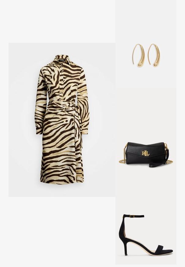 Lauren Ralph Lauren Zebra Print Tie Front Crepe Shirtdress - Tričkové šaty - cream/brown; Čierna semišová sandála na vysokom podpätku s úzkym remienkom na členku a zlatou prackou, otvorenou špičkou a miernym podpätkom na jednoduchom bielom pozadí.; Čierne kožené psaníčko so zlatým logom RLL vpredu, zlatým retiazkovým popruhom a odnímateľným koženým remienkom na zápästie na bielom pozadí.; Náušnice vo forme zlatých kovových kruhov s zakriveným, predĺženým tvarom. Majú hladký, lesklý povrch a zaoblený koniec pre pridanie detailu.