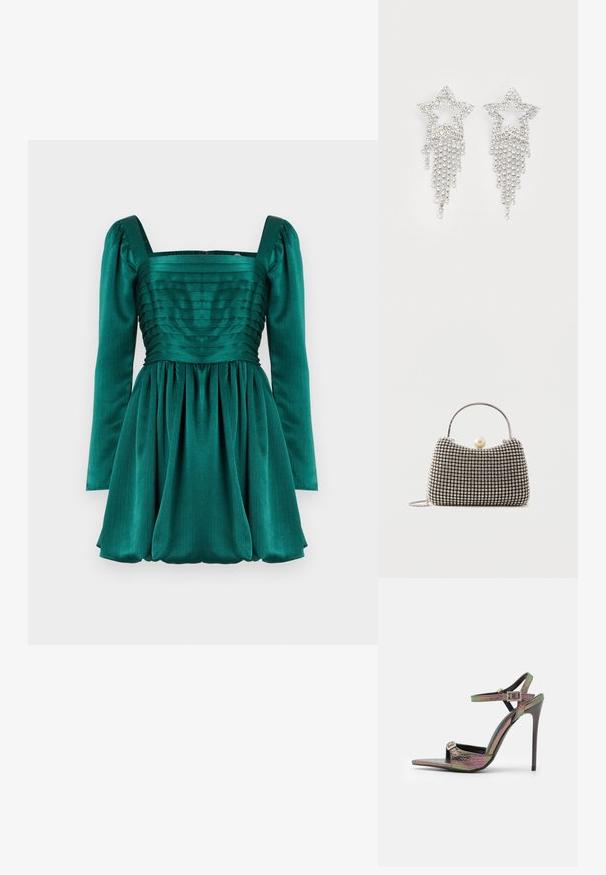 Smaragdfarbenes Kleid mit quadratischem Ausschnitt, langen Puffärmeln und plissiertem Oberteil. Der Rock ist gerafft und kreiert eine voluminöse Silhouette.; Korkokenkäsandaalit, joissa on monivärinen, teksturoitu käärmeennahkakuosi. Varustettu säädettävillä nilkkahihnoilla ja teräväkärkisellä muotoilulla.; Pieni käsilaukku hopeanvärisellä ruudukkomallilla, kaarev kahva, suuri helmiäisnappi ja ohut hopeaketjuside yksivärisellä taustalla.; Rihnestone tähti korvakorut, joissa on roikkuva fringed yksityiskohta, hopeinen sävy ja kiiltävä, heijastava pinta. Tähden muoto, jossa on monimutkainen muotoilu.