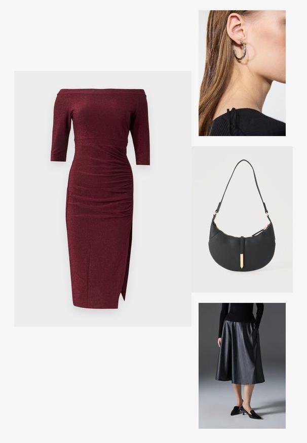 Bordeauxrode off-shoulder midi-jurk met driekwartmouwen, geplooide taille en een zijsplit op een effen achtergrond.; Zwarte leren midi-jurk met een gladde textuur; heeft een tailleband en zijzakken. Gepaarde met glanzende zwarte hakken.; Zwarte handtas in halve maanvorm met een enkele band, gouden rits en een gouden rechthoekige decoratieve tab aan de voorkant.; Zilveren oorbel met een gepolijste afwerking, met kleine gouden accentdetails en een ronde vorm, gedragen op de oorlel.