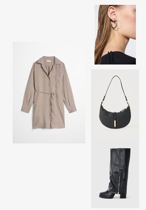 Robe-chemise beige à manches longues, longueur au genou, avec des rayures verticales blanches, des boutons à l'avant, une poche poitrine, un col et une ceinture nouée à la taille.; Botte en cuir noire montant jusqu'au genou avec talon épais et détail de fermeture éclair dorée sur le côté, sur fond blanc.; Sac à main noir en forme de croissant avec une bandoulière unique, une fermeture éclair dorée et une languette décorative rectangulaire dorée à l'avant.; Boucle d'oreille en argent avec une finition polie, présentant de petits détails en or et de forme ronde, portée sur le lobe.