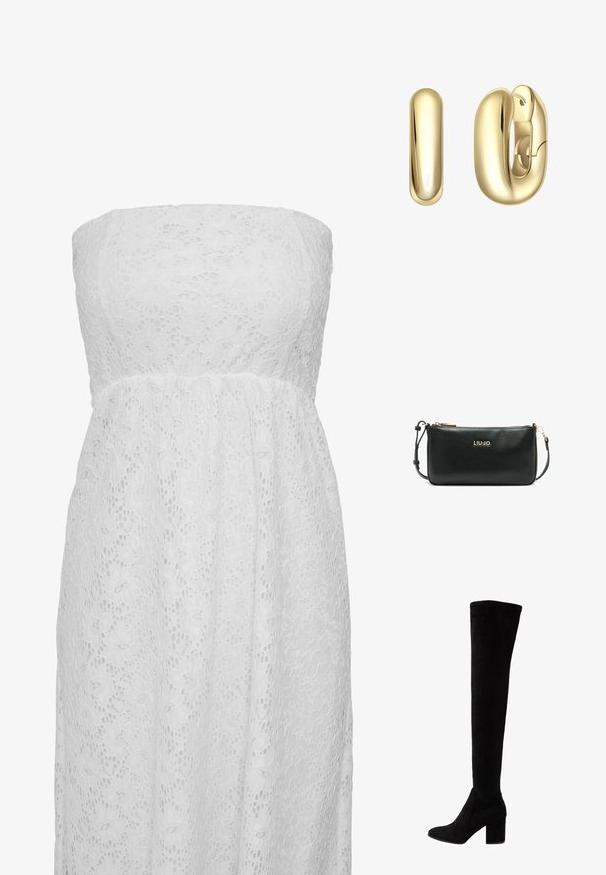 Robe blanche sans bretelles en dentelle avec des motifs floraux, présentant un corsage ajusté et une jupe fluide, en tissu texturé et semi-transparent.; Bottes noires au-dessus du genou en daim doux, avec un talon haut épais et un design épuré et ajusté avec un bout rond.; Sac bandoulière en cuir noir à finition texturée, fermeture zippée et bandoulière ajustable. Présente un logo doré en détail sur le devant.; Boucles d'oreilles créoles en or avec un design lisse et arrondi. Une boucle d'oreille est équipée d'un fermoir à charnière. La surface présente une finition polie.