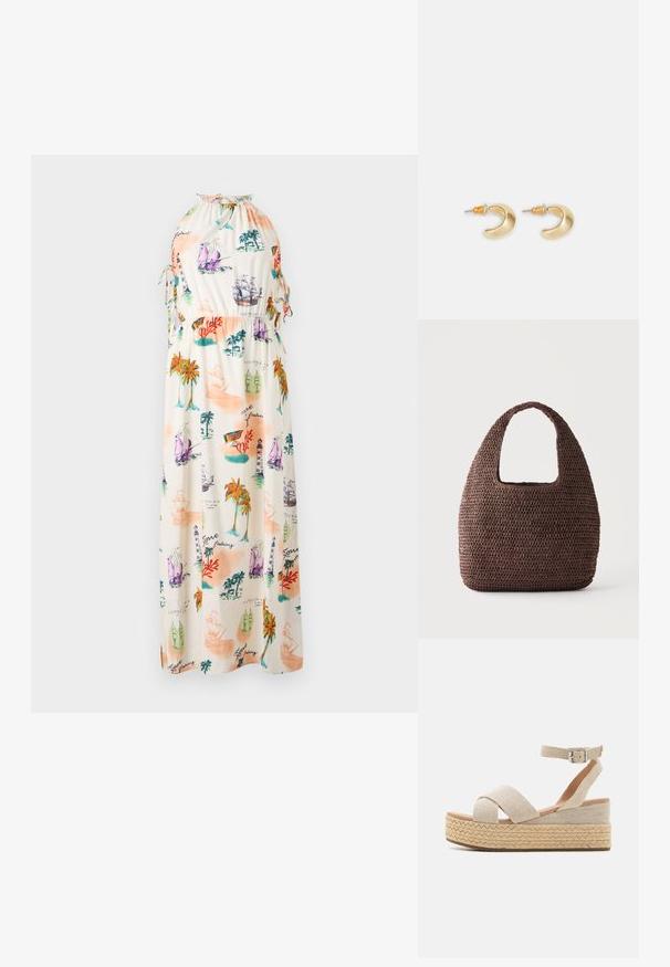 Maxi kjole i let stof med et farverigt maritimt print med skibe, fyrtårne og palmetræer. Halterneck med snorebinding.; Beige espadrille platform sandaler med vævet tekstiloverdel, krydsede stropper, ankelspænde og struktureret jute-indpakket sål.; Brun hæklet tote-taske med bred hank og afrundet rektangulær form på ensfarvet lyse baggrund.; Guld halvmåneformede øreringe med en glat overflade, der har orange accenter nær stiften og sølv hardware.