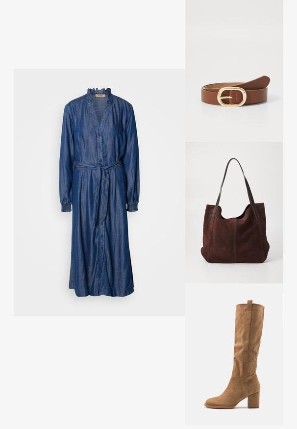 Robe en denim à manches longues, col froncé, fermeture à boutons sur le devant, et ceinture à nouer à la taille. Couleur bleu profond avec une finition douce et texturée.; Botte en daim beige hauteur genou avec un talon bloc, présentant des accents cousus et une silhouette épurée pour un look moderne.; Sac fourre-tout en daim marron avec deux anses en cuir noir. Texture douce, haut arrondi et un intérieur spacieux. Aucun matériel ou embellissement visible.; Ceinture en cuir marron avec une boucle ovale en or et des détails cousus. Texture lisse avec un design minimaliste et une extrémité effilée.