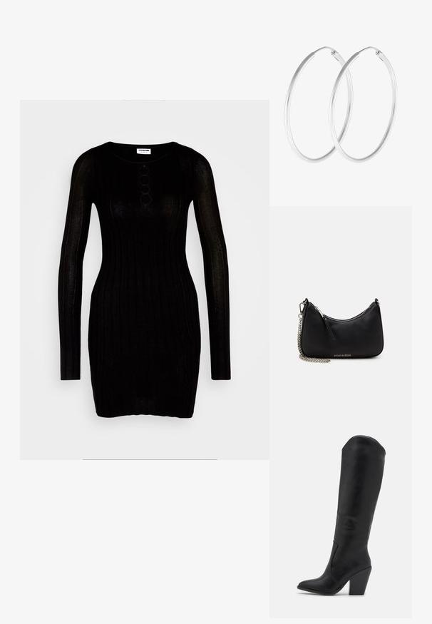 Noisy May NMFREY - Šaty do práce - black; RAID LAKELYN - Topánky na vysokom opätku - black; Čierna syntetická kabelka s zakriveným tvarom, strieborným reťazovým popruhom, zipsovým uzáverom a embosovaným logom značky na prednej strane. Hladký povrch.; Strieborné kruhové náušnice s hladkým, okrúhlym tvarom a lešteným povrchom. Obe náušnice sú rovnakej veľkosti a disponujú bezpečným uzatváracím mechanizmom.