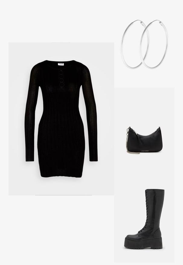 Noisy May NMFREY - Etuikjole - black; Zign by Zalando LEATHER - Snørestøvler - black; Sort syntetisk håndtaske med en buet form, sølv kædetræk, lynlåslukning og præget brandlogo på forsiden. Glat tekstur.; Sølvfarvede hoop øreringe med en glat, rund form og en poleret overflade. Begge øreringe er i samme størrelse og har en sikker lukke mekanisme.