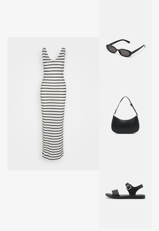 Vestido maxi de punto con escote en V profundo, rayas horizontales en blanco y negro, y una silueta ajustada. Textura suave sin detalles adicionales.; Sandalia negra con suela plana, hebilla ajustable, dos correas anchas y textura suave, diseñada para la comodidad y facilidad de uso.; Even&Odd Gafas de sol - black; Pieces PCALUANA SHOULDER BAG - Bolso de mano - black