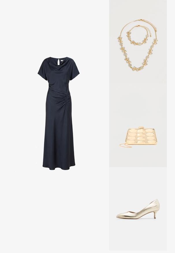 Donkerblauwe satijnen maxi jurk met korte mouwen, gedrapeerde halslijn en geplooid detail aan één kant van de taille.; Metallische gouden hoge hakpomp met een spitse teen, slanke hak, een gladde textuur en minimale stikseldetails op de bovenkant.; Gouden clutch met afgerond rechthoekig reliëfpatroon en een kleine kettingriem op een effen achtergrond.; Goudkleurige ketting- en armbandsset met heldere kristallen bloemen- en bladontwerpen, beide met verstelbare kettingsluitingen op een witte achtergrond.