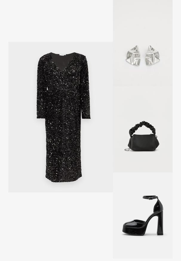 Schwarzes Paillettenkleid mit langen Ärmeln, tiefem V-Ausschnitt und knöchellanger Silhouette. Die funkelnde Textur erhöht das visuelle Interesse.; Schwarze Lackleder-Plateau-Absätze mit einem Knöchelriemen, runder Zehenform und Blockabsatz, die eine glatte, glänzende Textur präsentieren.; Schwarze Handtasche mit runder Form, aus glattem Material gefertigt. Verfügt über einen weichen, gerafften Griff und einen Metallkettengurt für Vielseitigkeit.; Silberne Metallohrringe mit einem wellenförmigen, skulpturalen Design, das eine polierte Oberfläche und unregelmäßige Formen aufweist, die eine zeitgenössische Ästhetik betonen.