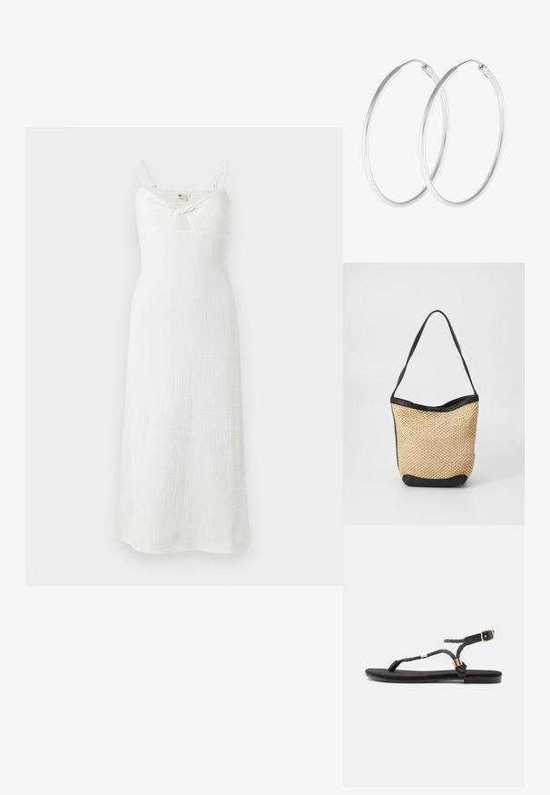 Vestido blanco sin mangas con un detalle de nudo en la parte delantera. Hecho de una tela texturizada, tiene un corsé ajustado y una falda fluida hasta los tobillos.; Sandalias planas negras con tiras trenzadas y un acento metálico. Presentan una hebilla ajustable y una suela de goma plana para mayor comodidad.; Bolso de mano de paja trenzada con textura natural, acentuado por un ribete y asa de hombro de cuero sintético negro; diseño de apertura en la parte superior.; Pendientes de aro en tono plateado con forma redonda y un acabado pulido. Ambos pendientes son del mismo tamaño y cuentan con un mecanismo de cierre seguro.