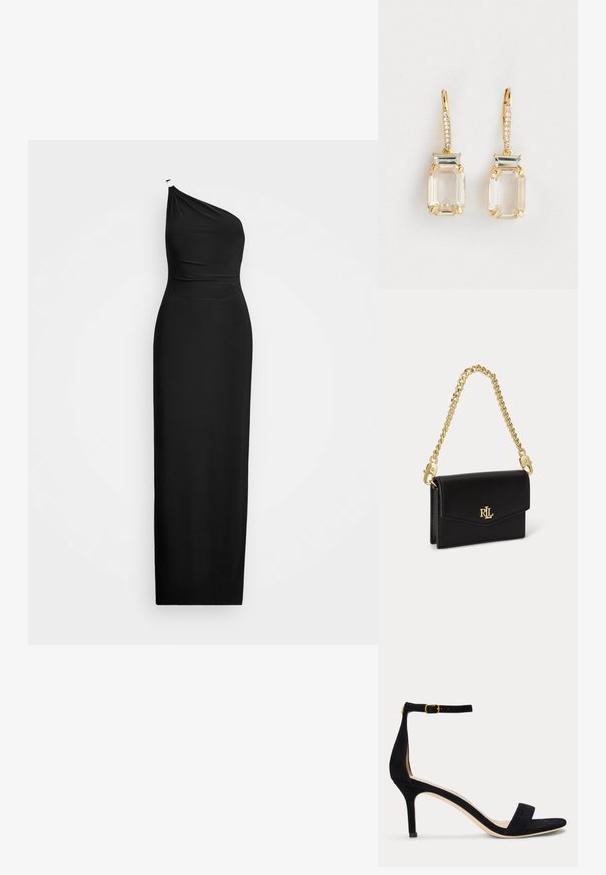 Schwarzes, einseitiges Abendkleid aus weichem Stoff. Tailliertes Oberteil mit subtilen Drapierungen und einem langen, geraden Rock. Glatte Textur, minimale Details.; Schwarze Wildleder-Sandalette mit schmalem Knöchelriemen und goldener Schnalle, offenem Zehenbereich und mittelhohem Absatz auf weißem Hintergrund.; Goldfarbene Ohrringe mit klaren, rechteckigen Edelsteinen, die eine zarte Reihe kleiner Kristalle entlang des Ohrhakens aufweisen.; Kleine schwarze Lederhandtasche mit Klappverschluss, goldenem RL-Logo auf der Vorderseite und kurzem abnehmbarem goldfarbenem Kettenriemen.