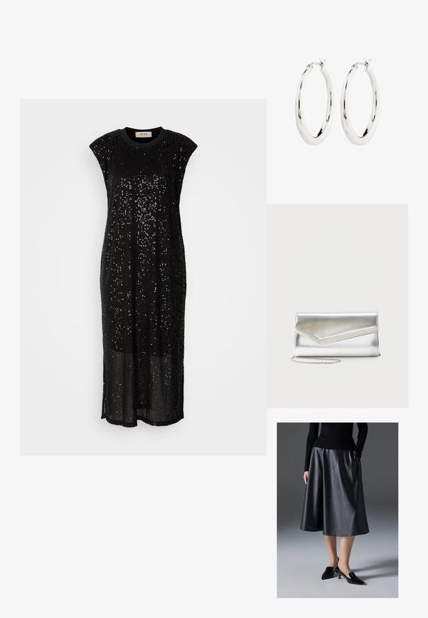 Sort kjole lavet af paljetstof, med rund halsudskæring og korte ærmer. Gulvlængde med en løs pasform og glitrende tekstur overalt.; Sort læder midi skirt med en glat tekstur; har en talje og sidelommer. Sammen med blanke sorte højhælede sko.; Skinnende sølv clutch taske med kuvertlåg og dekorativ kant, lille sølvkæde, på ensartet lys baggrund.; Sølvøreringe i form af hoops med en glat, blank finish. Cirkulær form, der har en sikker lås. Simpelt og elegant design.