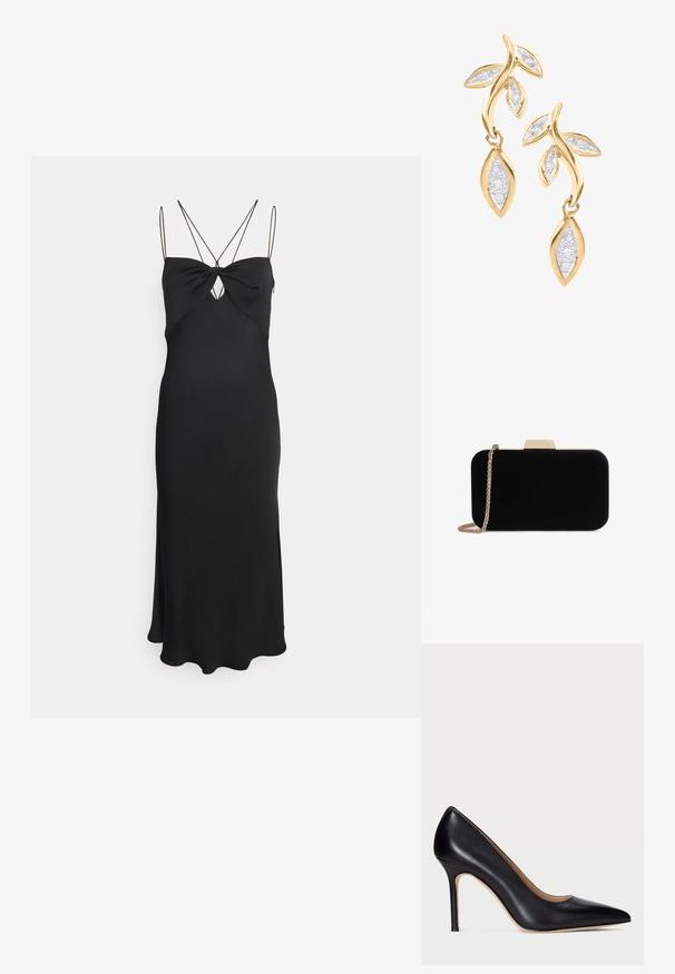 Calvin Klein MICRO STRAP TWIST SLIP DRESS - Koktailové šaty/večierkové šaty - black; Čierne kožené lodičky na vysokom opätku s ostrou špičkou a štíhlym stiletto opätkom. Hladký povrch a minimálne detaily vytvárajú klasický dizajn.; Čierna zamatová listová taška so zlatým kovovým doplnkom, obdĺžnikový tvar a reťazový popruh, s hladkou textúrou a bez viditeľných vzorov.; DIAMANT L'ÉTERNEL Náušnice - gold coloured