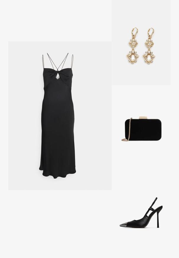 Calvin Klein MICRO STRAP TWIST SLIP DRESS - Cocktailkjole / festkjole - black; Sorte slingback pumper med spids tå og skinnende metallisk kappe. Har en høj stilettohæl og slank ankelrem. Glat lædertekstur.; Sort velour clutch med guldfarvede detaljer, rektangulær form og kædestrop, der har en glat tekstur og ingen synlige mønstre.; Guldtonede chandelierøreringe med en klynge-design, der har runde og tårnformede klare krystaller, der fremhæver detaljerne.