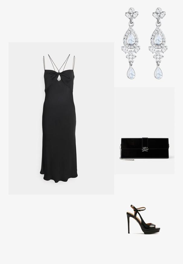 Calvin Klein MICRO STRAP TWIST SLIP DRESS - Cocktailjurk - black; Zwarte hoge hakken sandaal met open teen, enkelbandje, glanzend leren materiaal, platform basis en stiletto hak. Gouden hardwaredetails.; Glanzende zwarte rechthoekige clutch met zilveren kettingriem en zilveren, in elkaar verstrengelde initialen sluiting op de voorklep.; Elli ANTIQUE DROP - Oorbellen - weiß